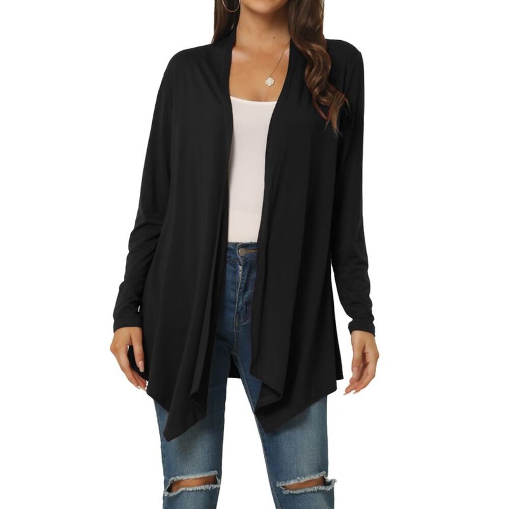 Draped Front Open Cardigan Knit Duster Cardigan Black
